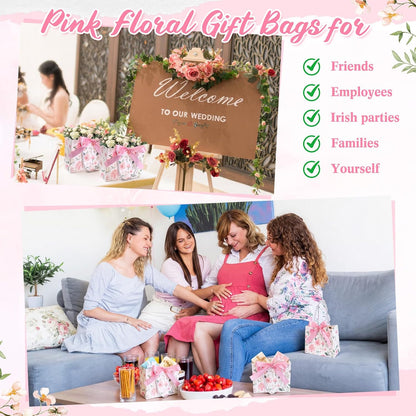 30 Pcs Mini Pink Floral Gift Bags with Ribbon Handle Party Favors