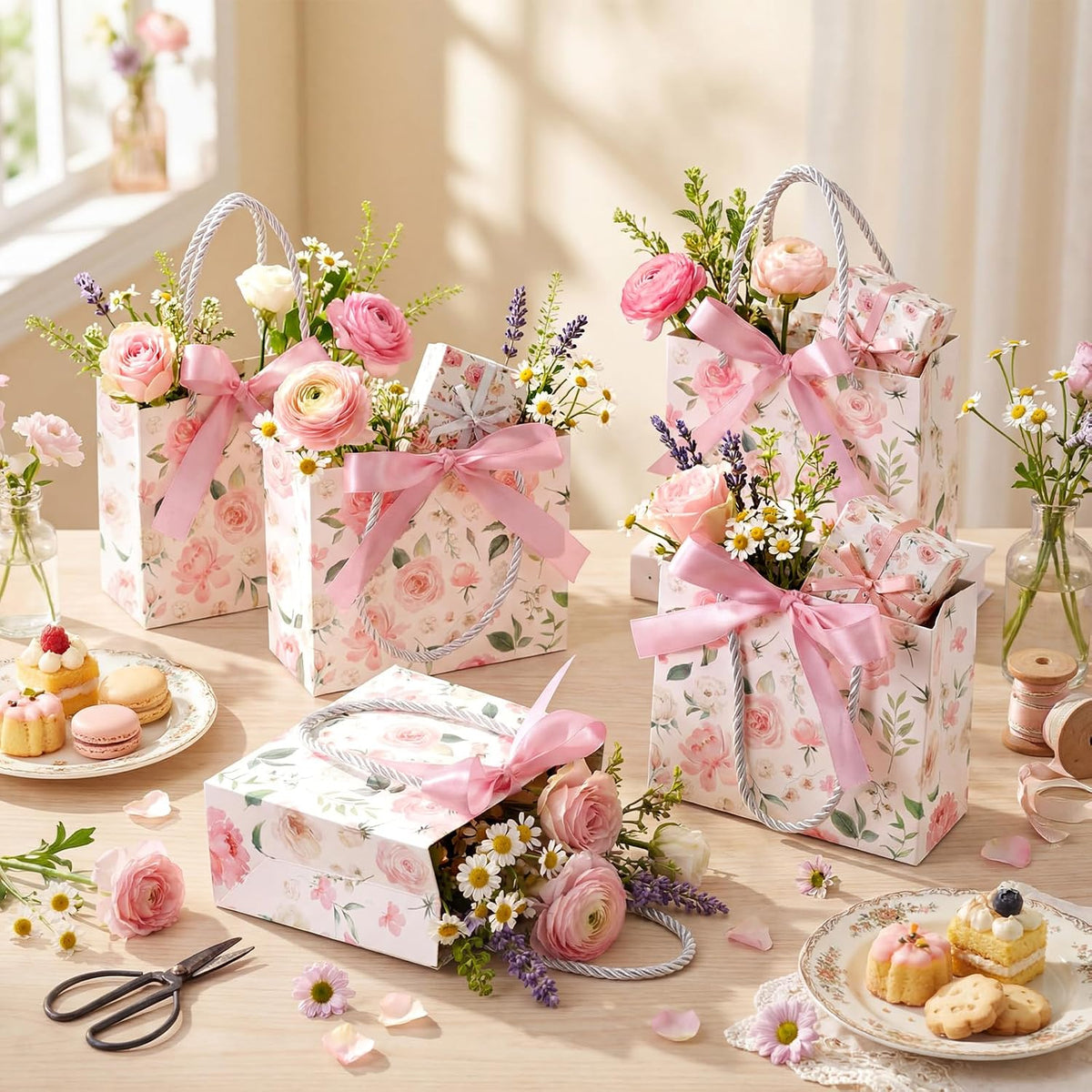 30 Pcs Mini Pink Floral Gift Bags with Ribbon Handle Party Favors