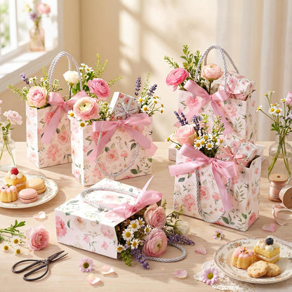 30 Pcs Mini Pink Floral Gift Bags with Ribbon Handle Party Favors