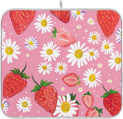 Cute Strawberry Pink Dish Drying Mats Flower Super Absorbent Cartoon Dish Dry Mat for Kitchen Counter Decor, 18" x 24"