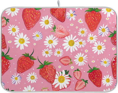 Cute Strawberry Pink Dish Drying Mats Flower Super Absorbent Cartoon Dish Dry Mat for Kitchen Counter Decor, 18" x 24"