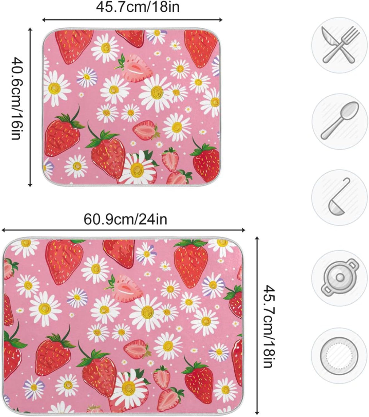 Cute Strawberry Pink Dish Drying Mats Flower Super Absorbent Cartoon Dish Dry Mat for Kitchen Counter Decor, 18" x 24"