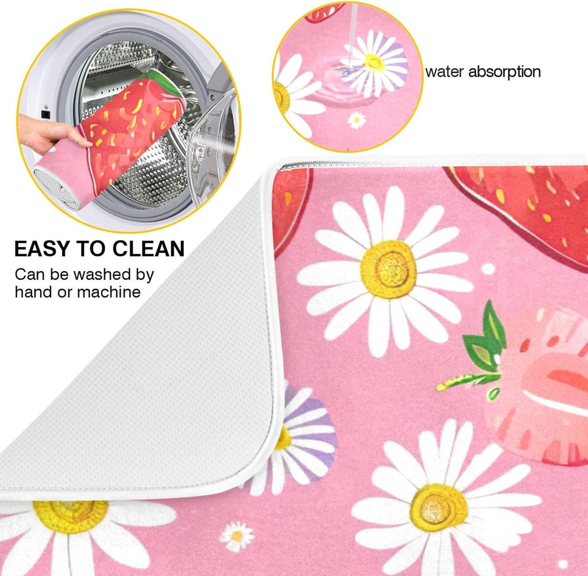 Cute Strawberry Pink Dish Drying Mats Flower Super Absorbent Cartoon Dish Dry Mat for Kitchen Counter Decor, 18" x 24"