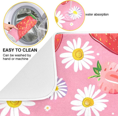 Cute Strawberry Pink Dish Drying Mats Flower Super Absorbent Cartoon Dish Dry Mat for Kitchen Counter Decor, 18" x 24"