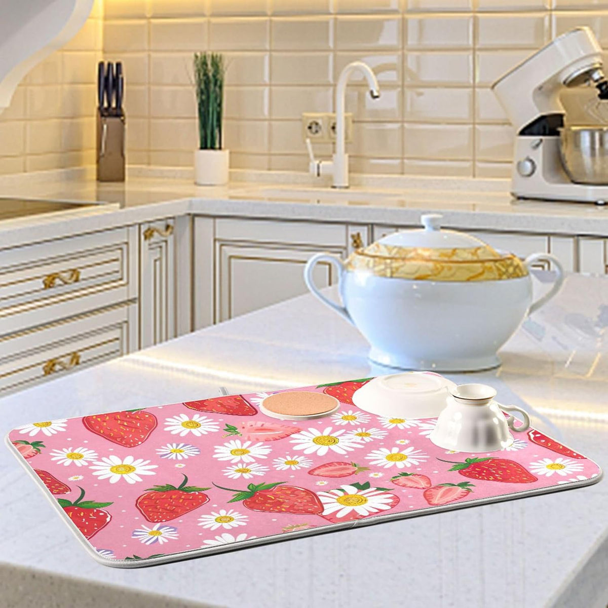 Cute Strawberry Pink Dish Drying Mats Flower Super Absorbent Cartoon Dish Dry Mat for Kitchen Counter Decor, 18" x 24"