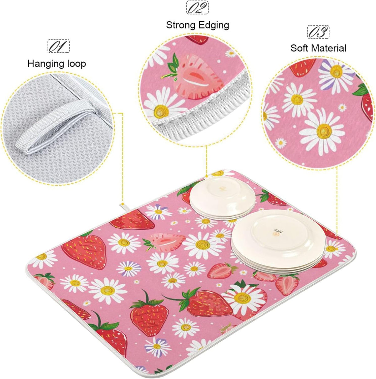 Cute Strawberry Pink Dish Drying Mats Flower Super Absorbent Cartoon Dish Dry Mat for Kitchen Counter Decor, 18" x 24"