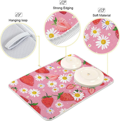 Cute Strawberry Pink Dish Drying Mats Flower Super Absorbent Cartoon Dish Dry Mat for Kitchen Counter Decor, 18" x 24"