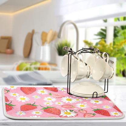 Cute Strawberry Pink Dish Drying Mats Flower Super Absorbent Cartoon Dish Dry Mat for Kitchen Counter Decor, 18" x 24"