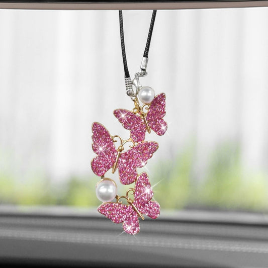 Bling Butterfly Diamond Car Hanging Accessories, Crystal Rear View Mirror Charms, Hanging Ornament Pendant Lucky Presents for Women, Interior Decoration Accessories (Pink)