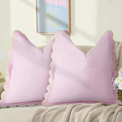 Scalloped Throw Pillow Covers Set of 2, 18x18 Inch Double Stitch Decorative Cotton Pillow Covers for Couch, Sofa & Living Room, Soft and Stylish Home Decor (Pink)