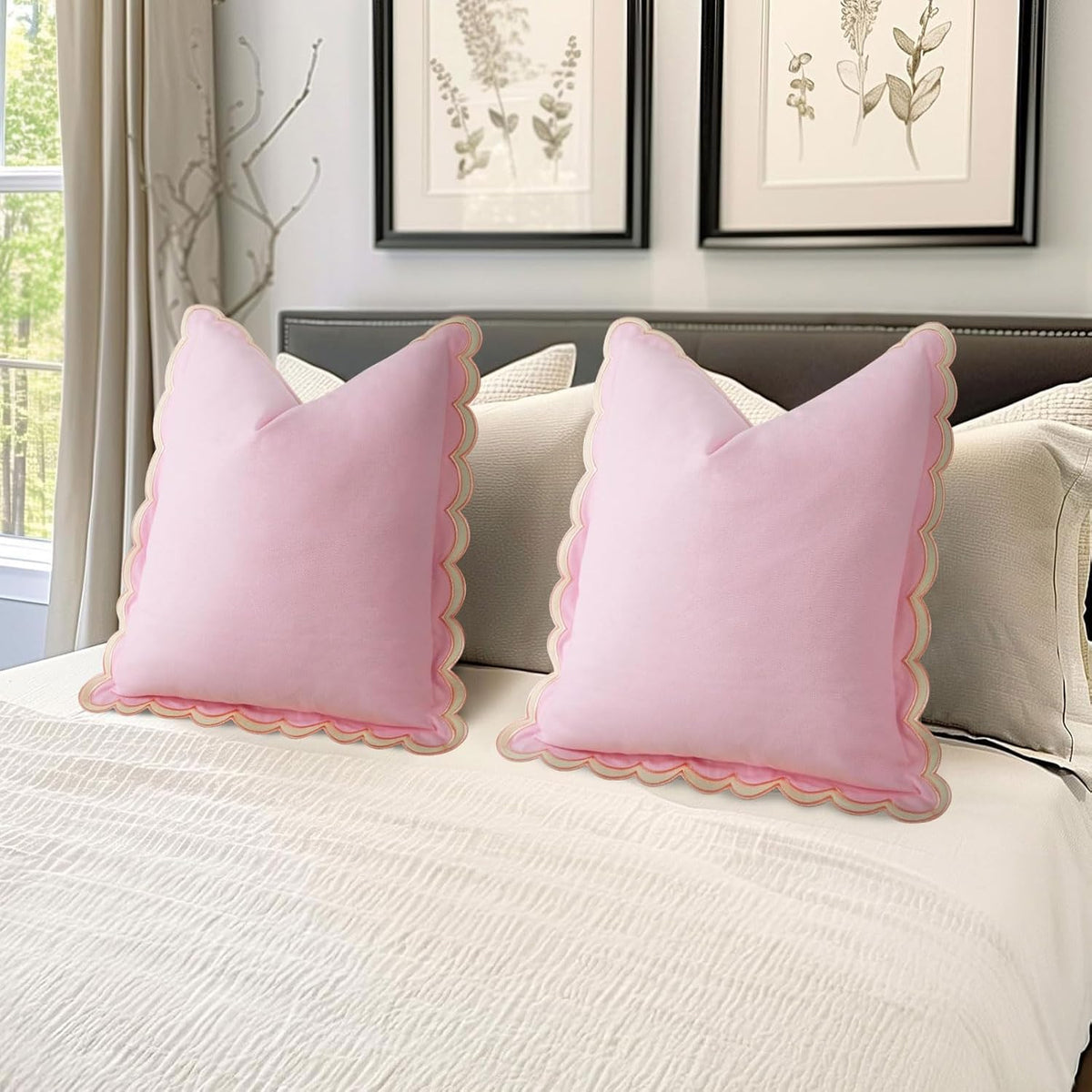 Scalloped Throw Pillow Covers Set of 2, 18x18 Inch Double Stitch Decorative Cotton Pillow Covers for Couch, Sofa & Living Room, Soft and Stylish Home Decor (Pink)
