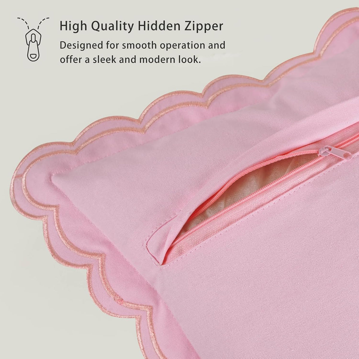 Scalloped Throw Pillow Covers Set of 2, 18x18 Inch Double Stitch Decorative Cotton Pillow Covers for Couch, Sofa & Living Room, Soft and Stylish Home Decor (Pink)