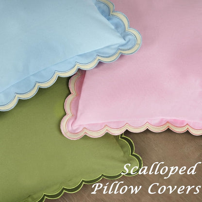 Scalloped Throw Pillow Covers Set of 2, 18x18 Inch Double Stitch Decorative Cotton Pillow Covers for Couch, Sofa & Living Room, Soft and Stylish Home Decor (Pink)