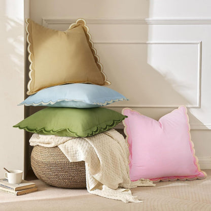 Scalloped Throw Pillow Covers Set of 2, 18x18 Inch Double Stitch Decorative Cotton Pillow Covers for Couch, Sofa & Living Room, Soft and Stylish Home Decor (Pink)