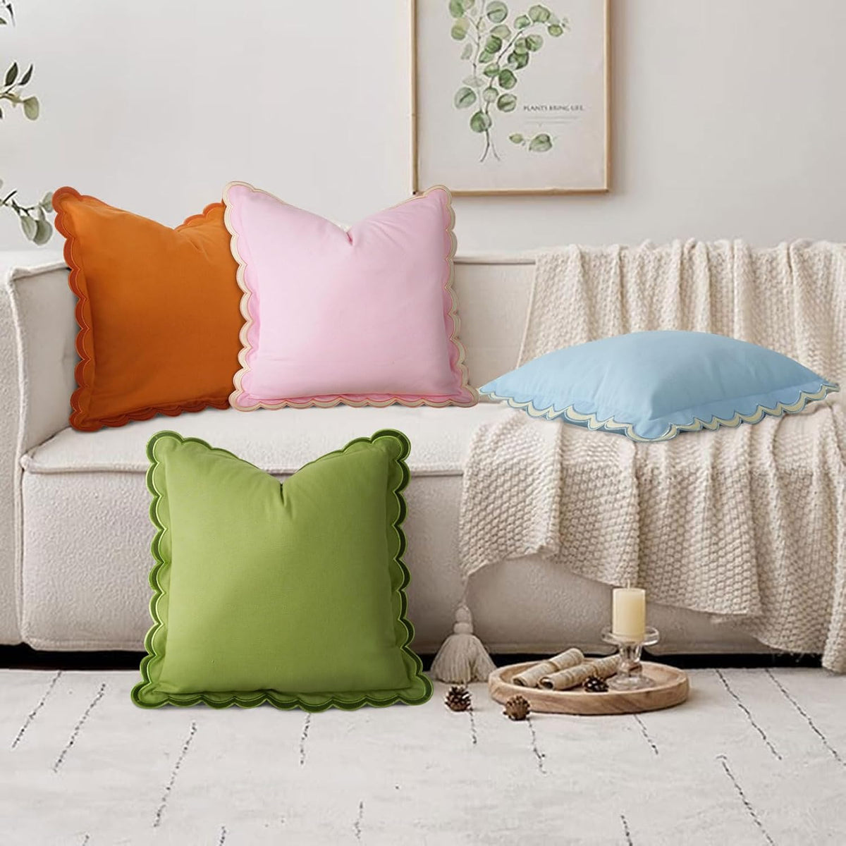 Scalloped Throw Pillow Covers Set of 2, 18x18 Inch Double Stitch Decorative Cotton Pillow Covers for Couch, Sofa & Living Room, Soft and Stylish Home Decor (Pink)