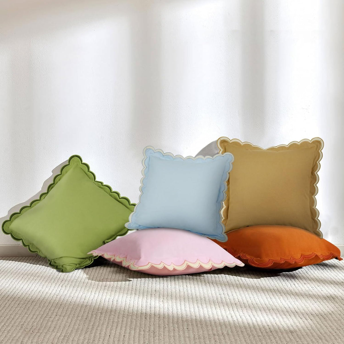 Scalloped Throw Pillow Covers Set of 2, 18x18 Inch Double Stitch Decorative Cotton Pillow Covers for Couch, Sofa & Living Room, Soft and Stylish Home Decor (Pink)