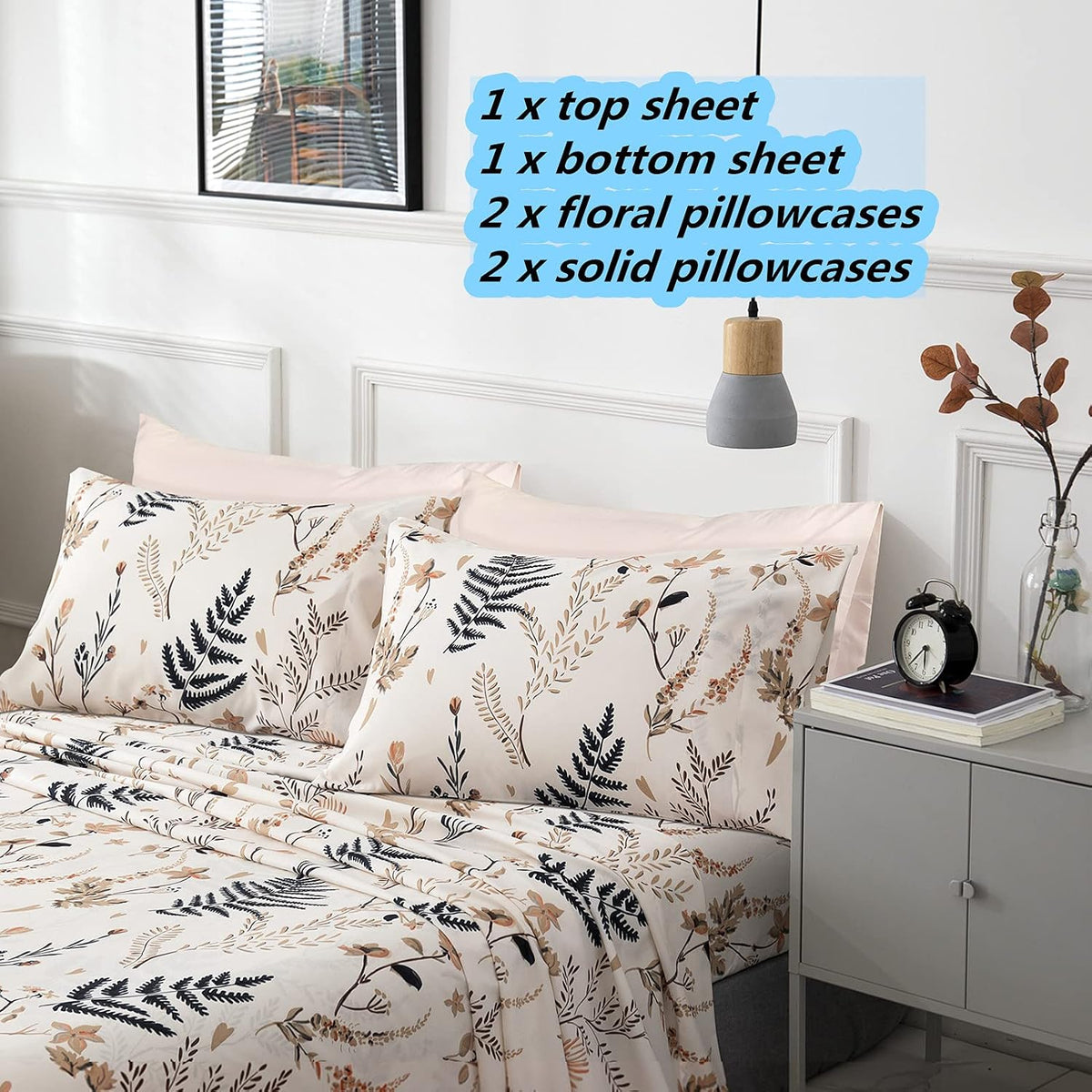 6 Piece Blush Pink Floral Printed Queen Sheet Set Deep Pocket