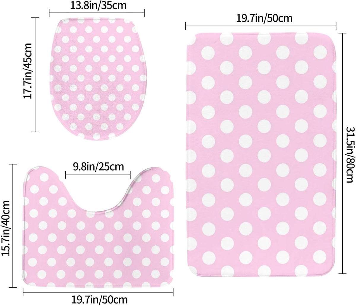 Bathroom Rugs Sets 3 Piece - Light Pink Polka Dot Print B Absorbent Non Slip Washable Bath Mats, U-Shape Toilet Lid Cover, Contour Mat, Soft Shower Mats Bath Rug Mat for Bathroom Tub Toilet