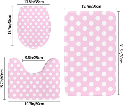 Bathroom Rugs Sets 3 Piece - Light Pink Polka Dot Print B Absorbent Non Slip Washable Bath Mats, U-Shape Toilet Lid Cover, Contour Mat, Soft Shower Mats Bath Rug Mat for Bathroom Tub Toilet