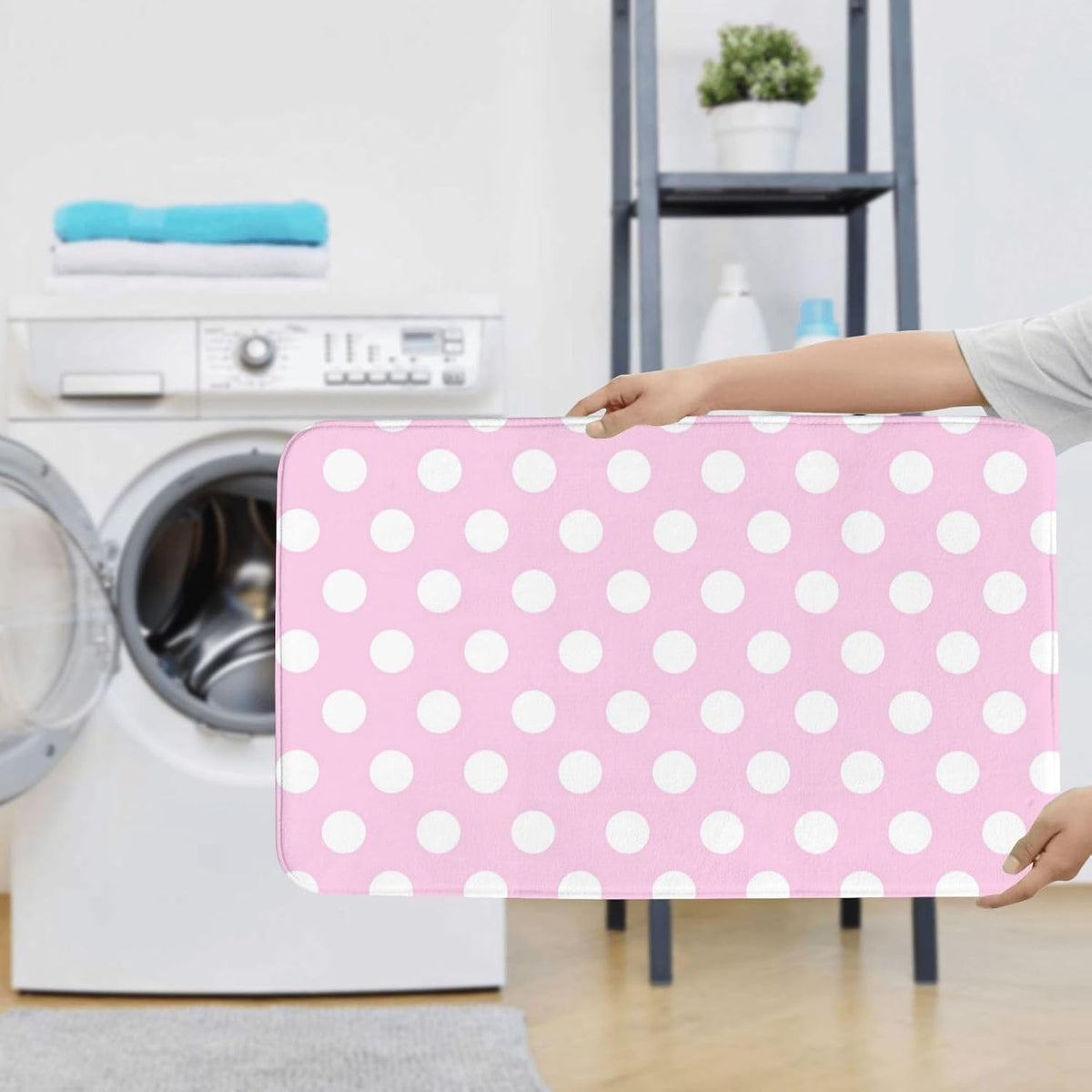 Bathroom Rugs Sets 3 Piece - Light Pink Polka Dot Print B Absorbent Non Slip Washable Bath Mats, U-Shape Toilet Lid Cover, Contour Mat, Soft Shower Mats Bath Rug Mat for Bathroom Tub Toilet