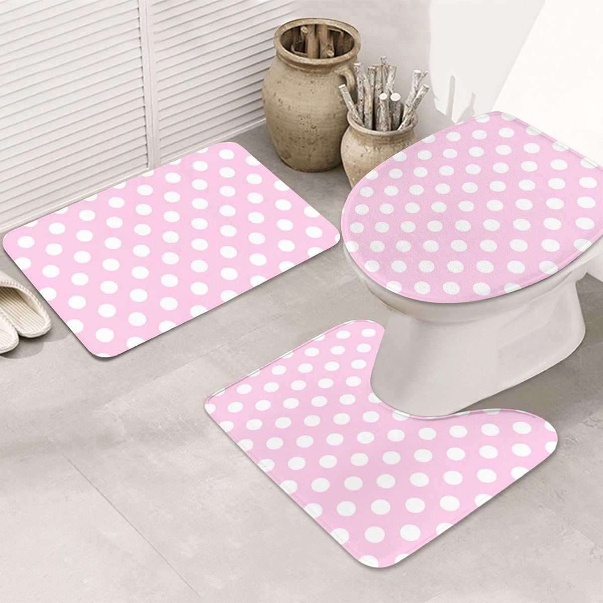 Bathroom Rugs Sets 3 Piece - Light Pink Polka Dot Print B Absorbent Non Slip Washable Bath Mats, U-Shape Toilet Lid Cover, Contour Mat, Soft Shower Mats Bath Rug Mat for Bathroom Tub Toilet