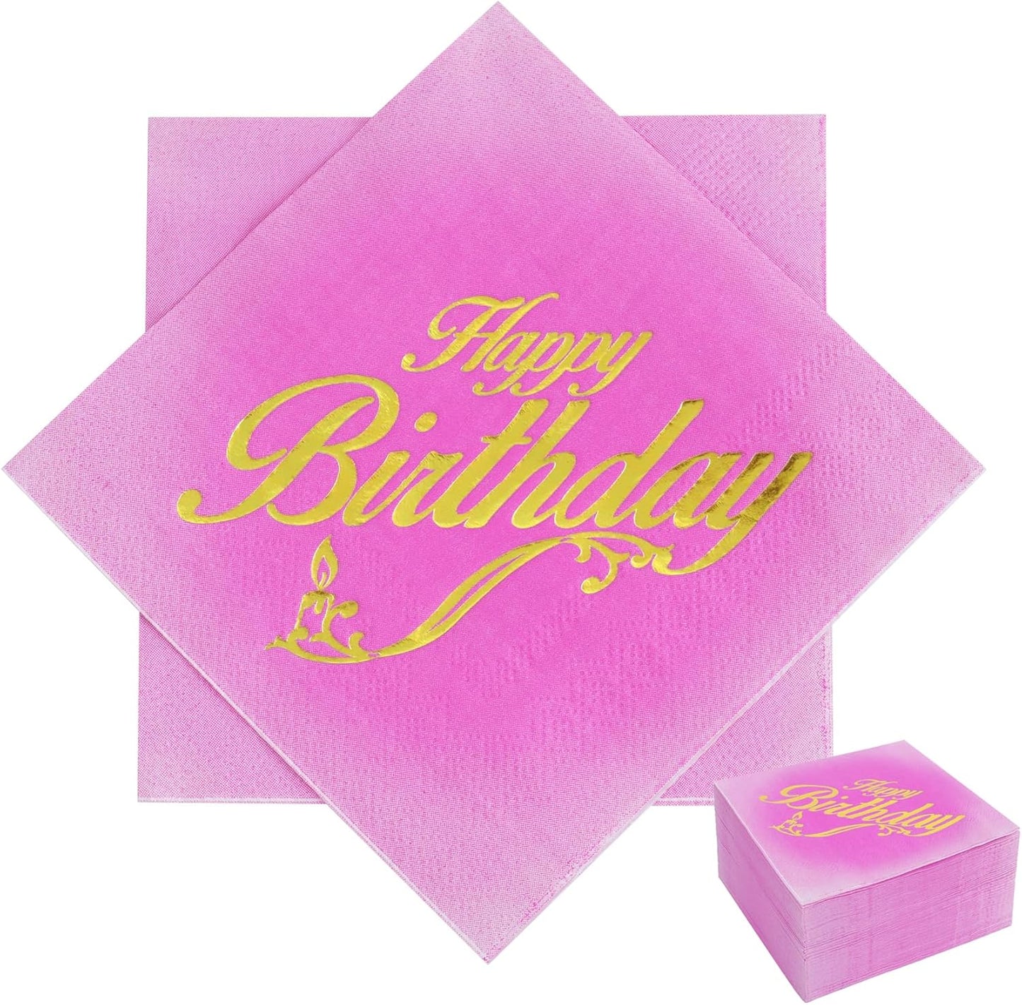 100 Pcs Happy Birthday Napkins 5x5 inches, 3-Ply Disposable Cocktail Napkins, Pink with Gold-Foil for Kids Birthday, Baby Shower Party