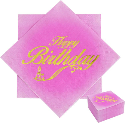 100 Pcs Happy Birthday Napkins 5x5 inches, 3-Ply Disposable Cocktail Napkins, Pink with Gold-Foil for Kids Birthday, Baby Shower Party