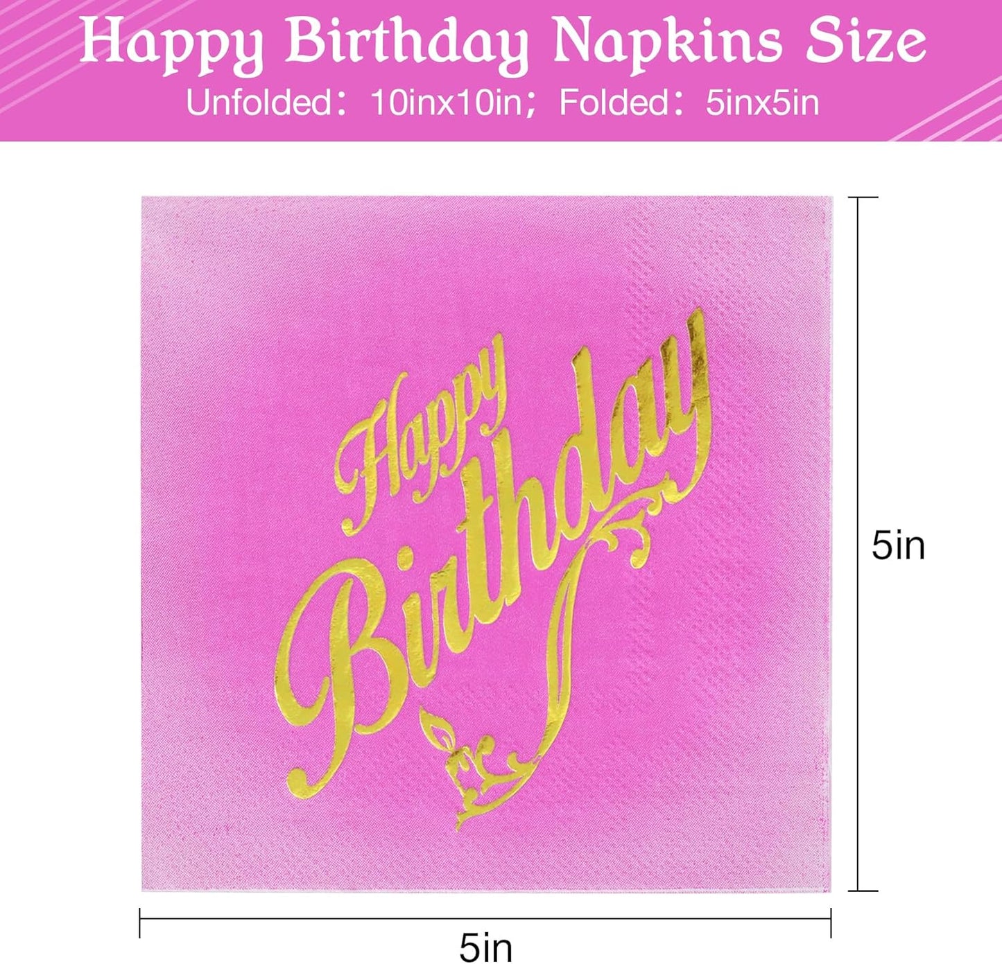 100 Pcs Happy Birthday Napkins 5x5 inches, 3-Ply Disposable Cocktail Napkins, Pink with Gold-Foil for Kids Birthday, Baby Shower Party