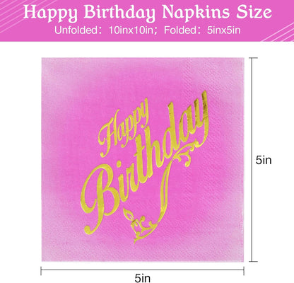 100 Pcs Happy Birthday Napkins 5x5 inches, 3-Ply Disposable Cocktail Napkins, Pink with Gold-Foil for Kids Birthday, Baby Shower Party