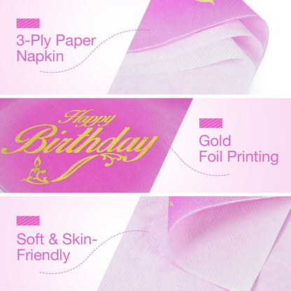 100 Pcs Happy Birthday Napkins 5x5 inches, 3-Ply Disposable Cocktail Napkins, Pink with Gold-Foil for Kids Birthday, Baby Shower Party