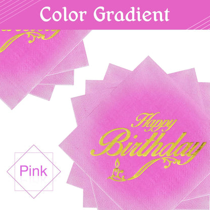 100 Pcs Happy Birthday Napkins 5x5 inches, 3-Ply Disposable Cocktail Napkins, Pink with Gold-Foil for Kids Birthday, Baby Shower Party