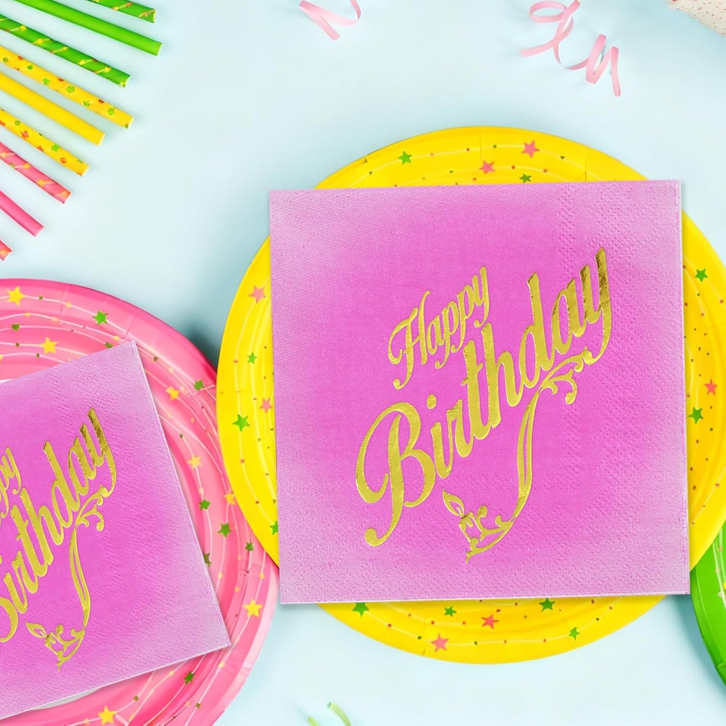 100 Pcs Happy Birthday Napkins 5x5 inches, 3-Ply Disposable Cocktail Napkins, Pink with Gold-Foil for Kids Birthday, Baby Shower Party