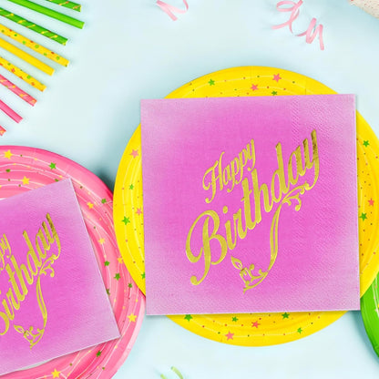 100 Pcs Happy Birthday Napkins 5x5 inches, 3-Ply Disposable Cocktail Napkins, Pink with Gold-Foil for Kids Birthday, Baby Shower Party