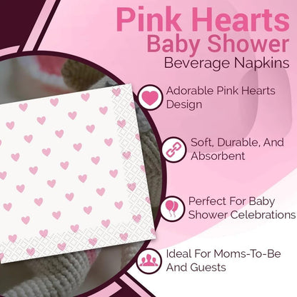 Pink Hearts Baby Shower Beverage Napkins (Pack of 16) - Charming & Elegant Party Decor for Your Celebration