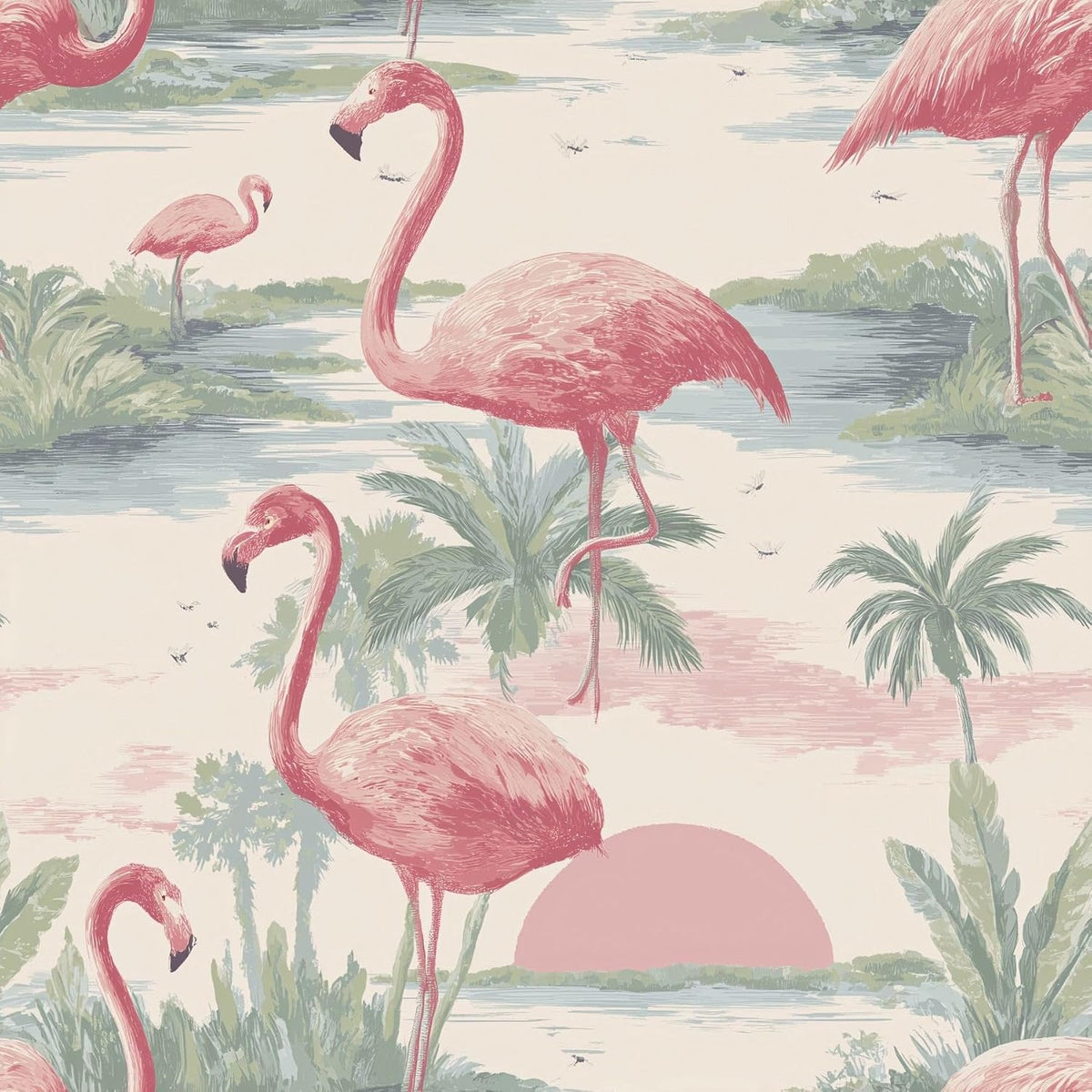 Tropical Flamingo Peel and Stick Wallpaper, Palm Tree Watercolor Wallpaper