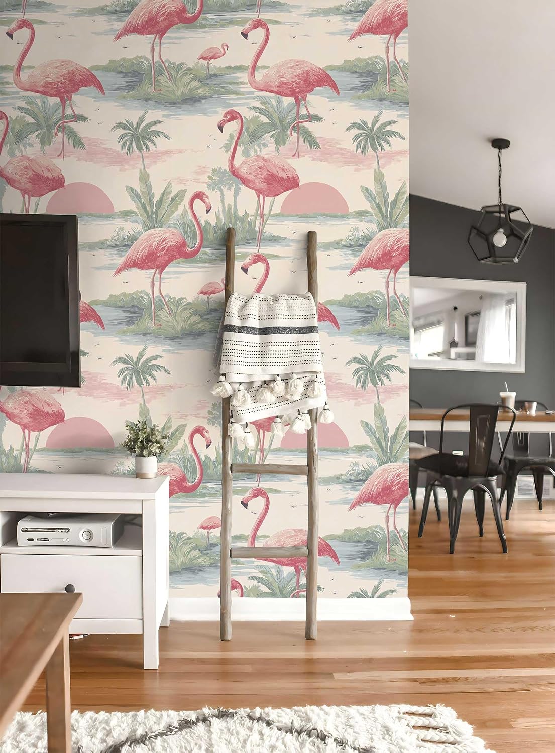 Tropical Flamingo Peel and Stick Wallpaper, Palm Tree Watercolor Wallpaper