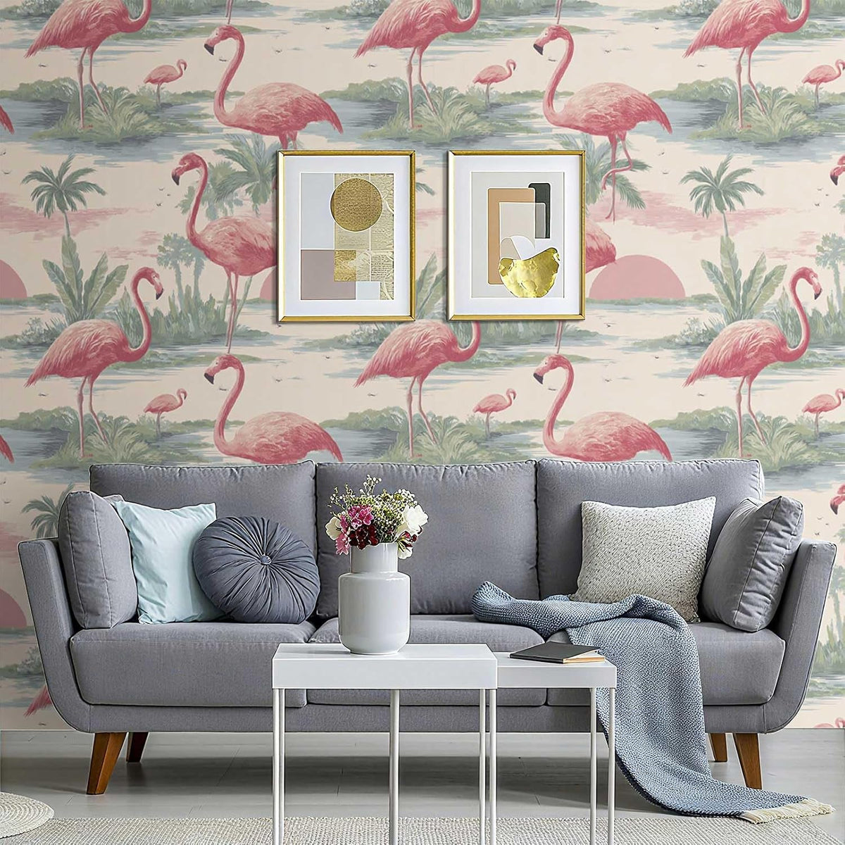Tropical Flamingo Peel and Stick Wallpaper, Palm Tree Watercolor Wallpaper