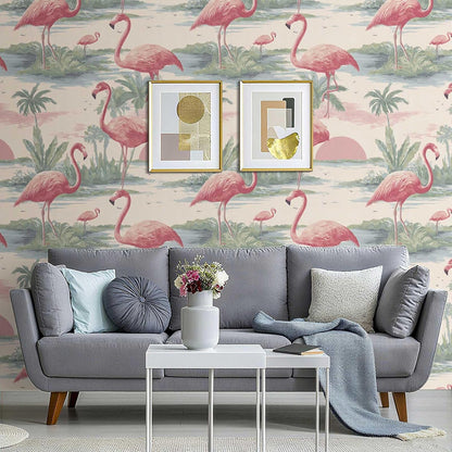 Tropical Flamingo Peel and Stick Wallpaper, Palm Tree Watercolor Wallpaper