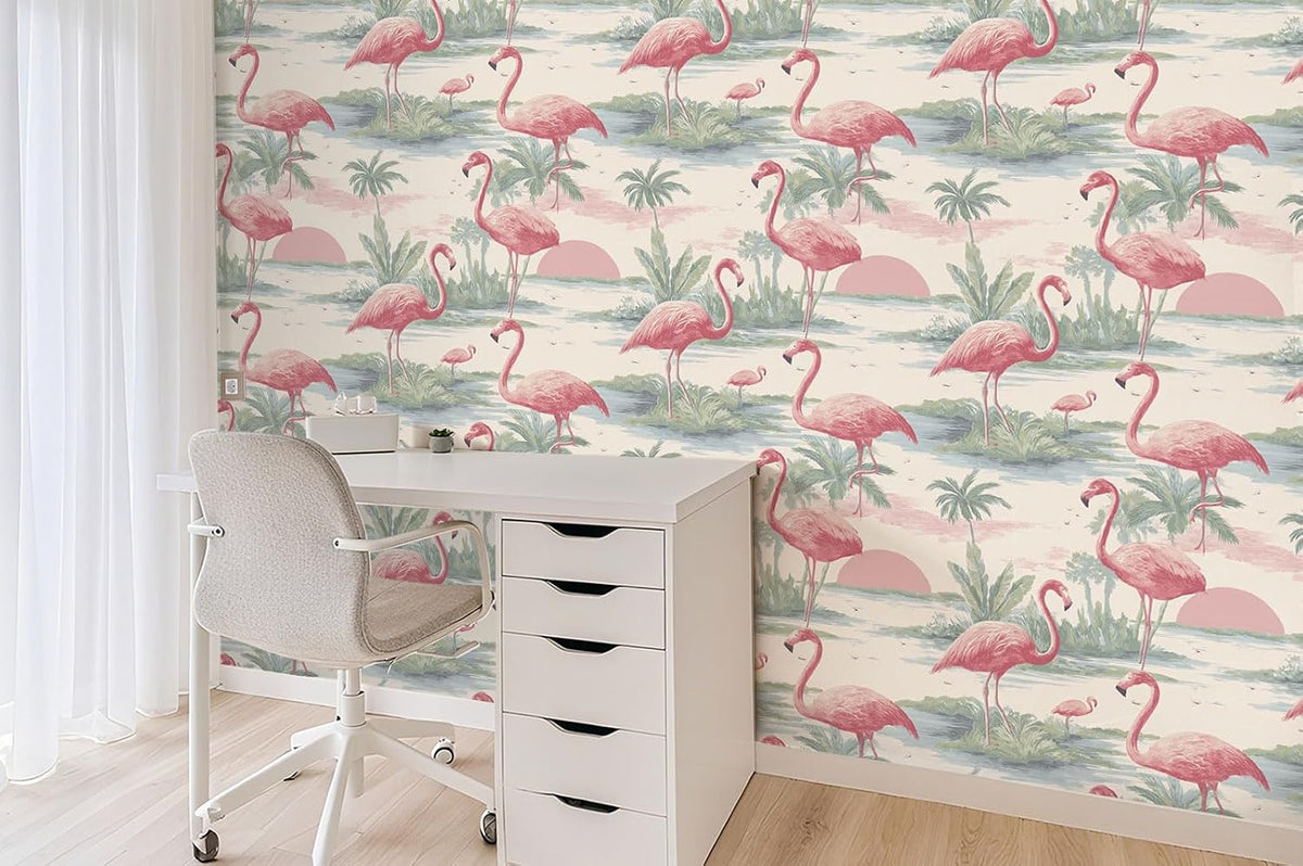 Tropical Flamingo Peel and Stick Wallpaper, Palm Tree Watercolor Wallpaper