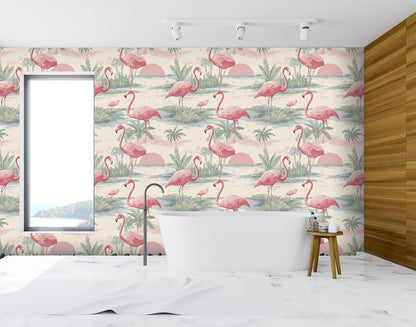 Tropical Flamingo Peel and Stick Wallpaper, Palm Tree Watercolor Wallpaper