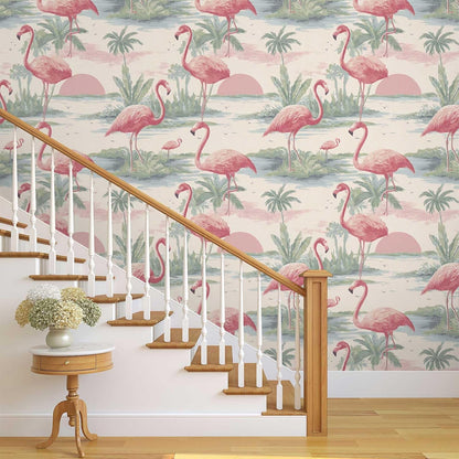 Tropical Flamingo Peel and Stick Wallpaper, Palm Tree Watercolor Wallpaper