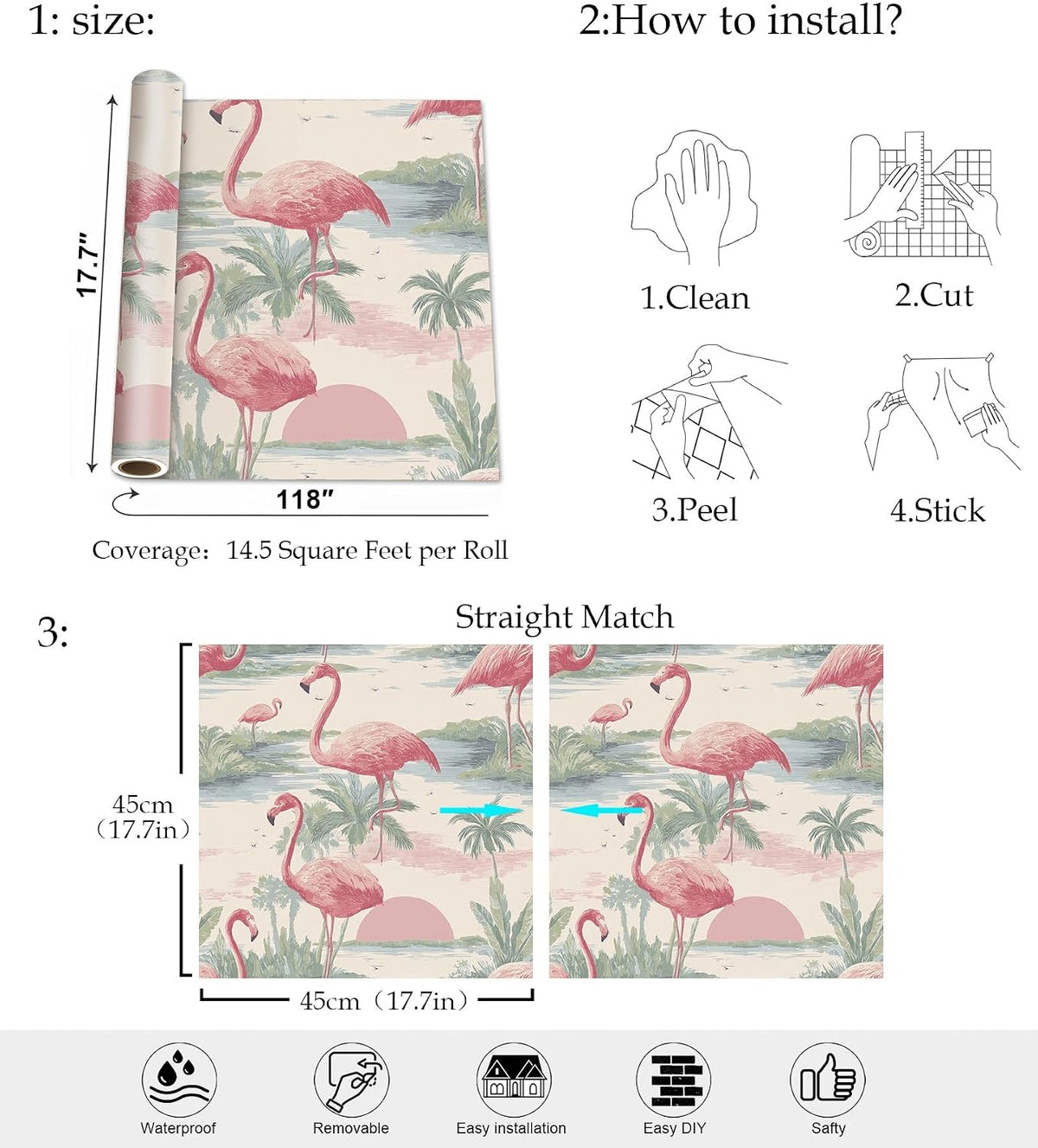 Tropical Flamingo Peel and Stick Wallpaper, Palm Tree Watercolor Wallpaper