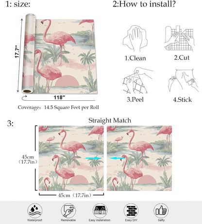 Tropical Flamingo Peel and Stick Wallpaper, Palm Tree Watercolor Wallpaper