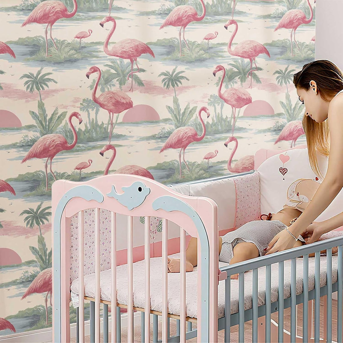 Tropical Flamingo Peel and Stick Wallpaper, Palm Tree Watercolor Wallpaper