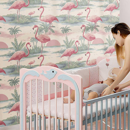 Tropical Flamingo Peel and Stick Wallpaper, Palm Tree Watercolor Wallpaper