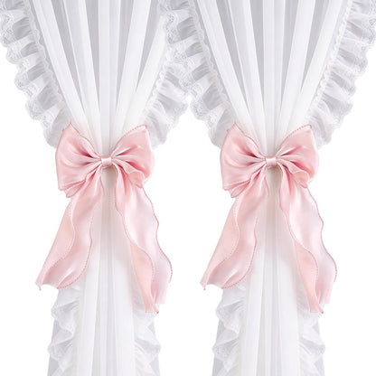 2PCS Silky Bow Curtain Holdersbacks Elegant Lace Bow Curtain Holders for Curtains Decorative,Pink