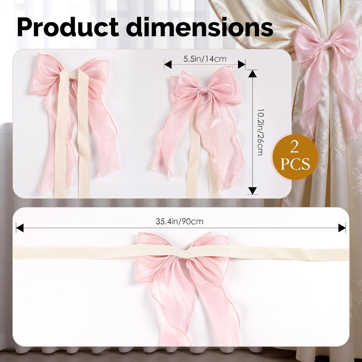 2PCS Silky Bow Curtain Holdersbacks Elegant Lace Bow Curtain Holders for Curtains Decorative,Pink