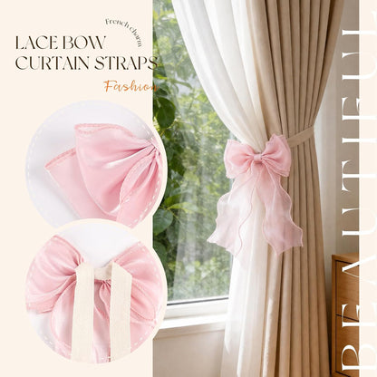 2PCS Silky Bow Curtain Holdersbacks Elegant Lace Bow Curtain Holders for Curtains Decorative,Pink