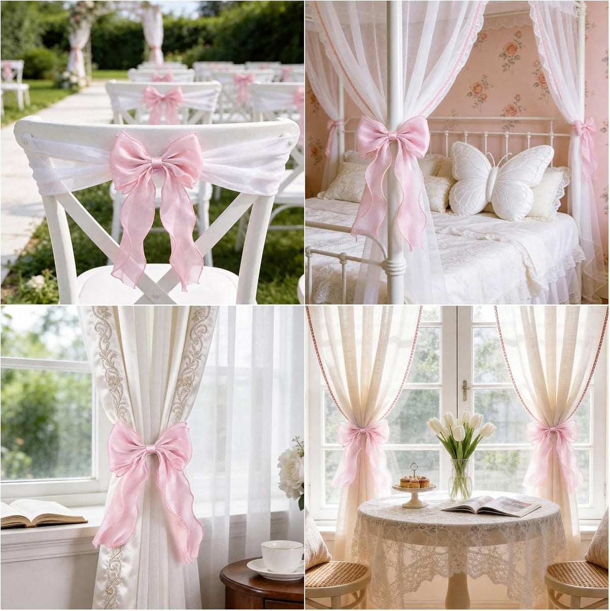 2PCS Silky Bow Curtain Holdersbacks Elegant Lace Bow Curtain Holders for Curtains Decorative,Pink