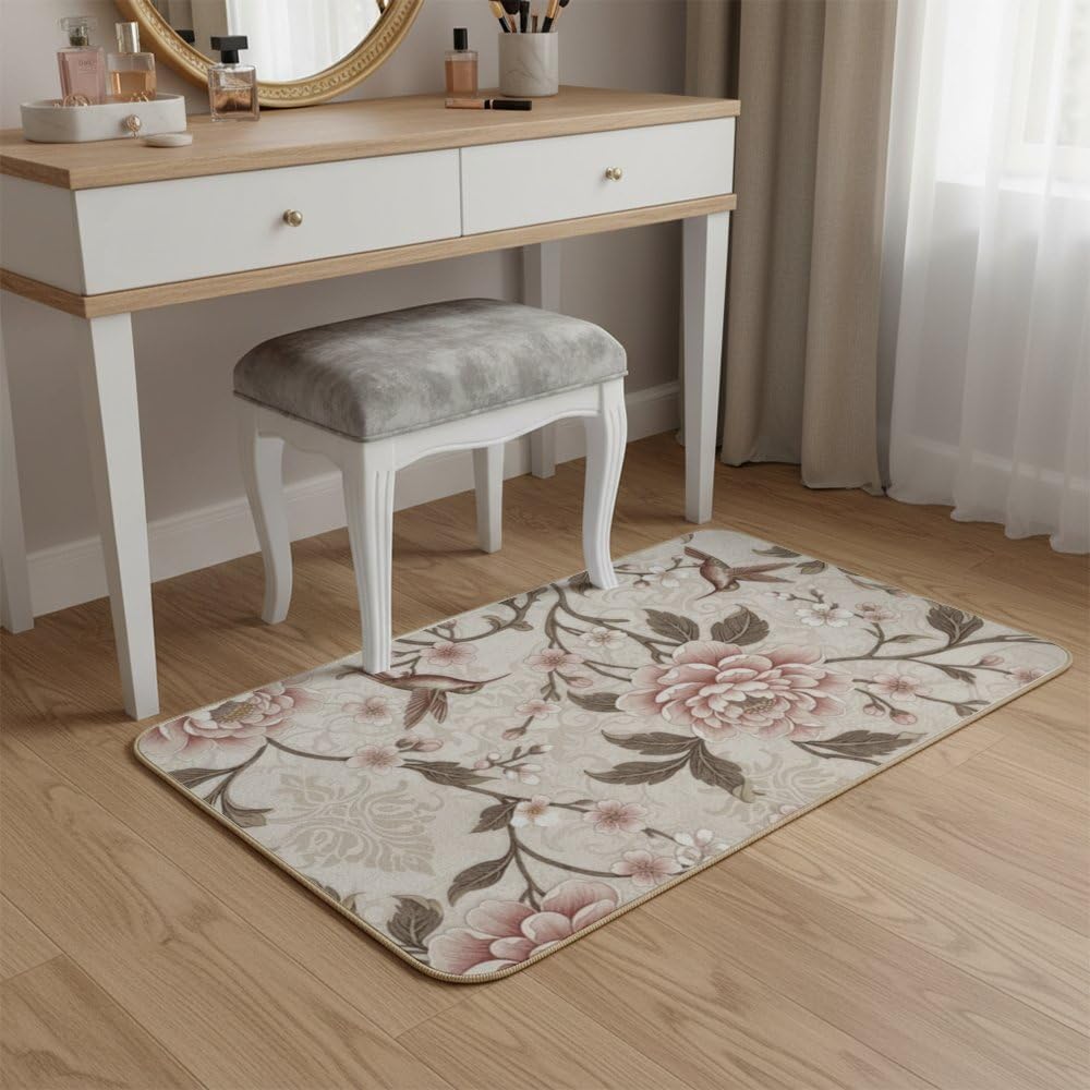 Flannel Quick Dry Bath Mat 16 × 24 Inch, Soft Pink Peony No Slip Mudroom Rug Water Absorbing Shower Decor Washable Rugs Machine Washable Bath Mats for Bathroom Floor